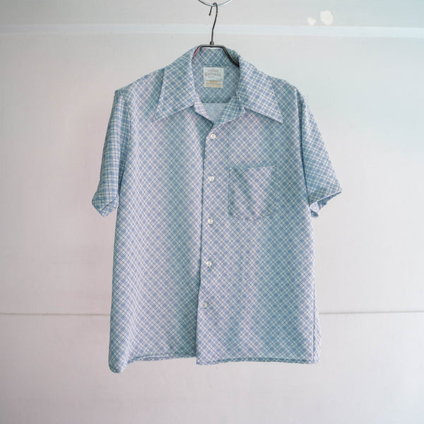1970s USA white × blue checked s/s knit shirt