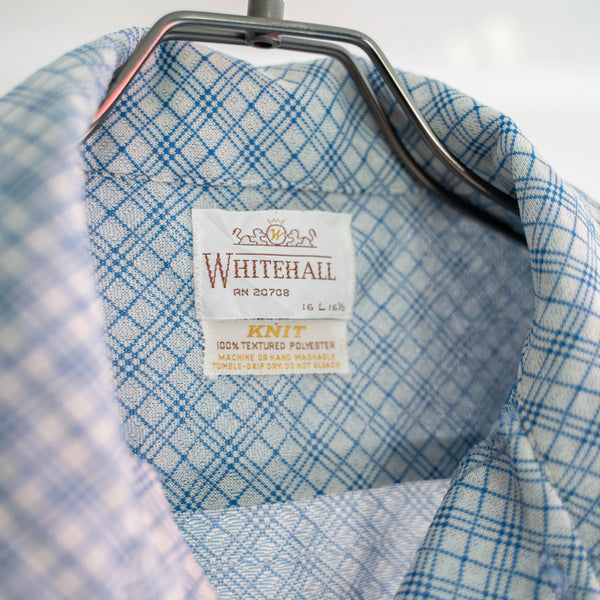1970s USA white × blue checked s/s knit shirt