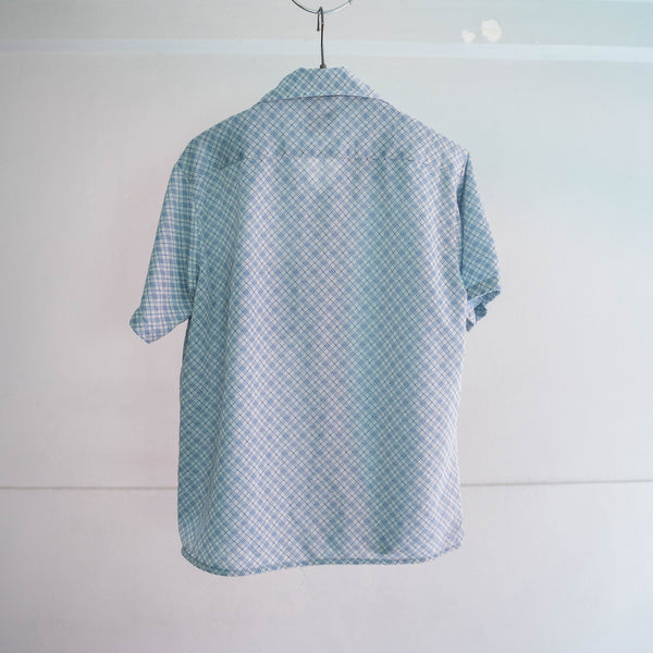 1970s USA white × blue checked s/s knit shirt