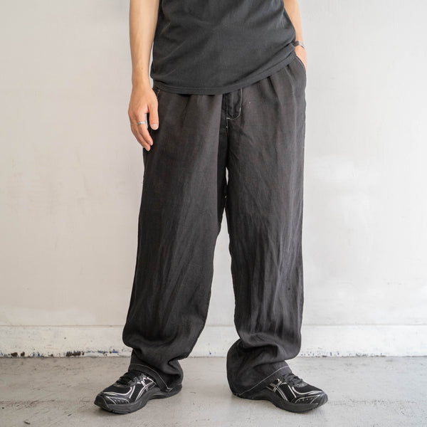 1990s black linen 2 tuck wide pants -black dyed-