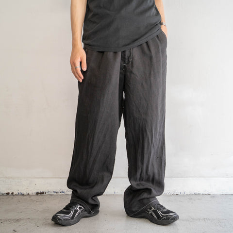 1990s black linen 2 tuck wide pants -black dyed-