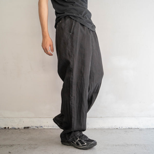 1990s black linen 2 tuck wide pants -black dyed-
