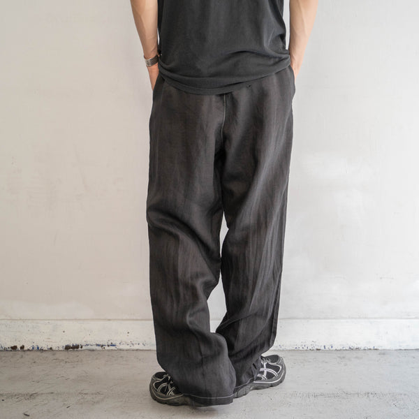 1990s black linen 2 tuck wide pants -black dyed-