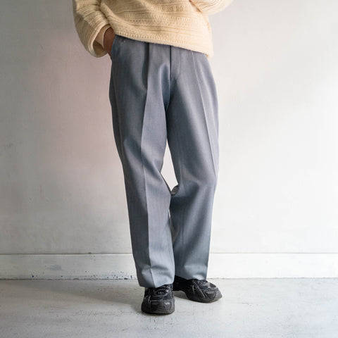 1990-00s Japan vintage blue gray color wool × poly herringbone one tuck slacks 'dead stock'