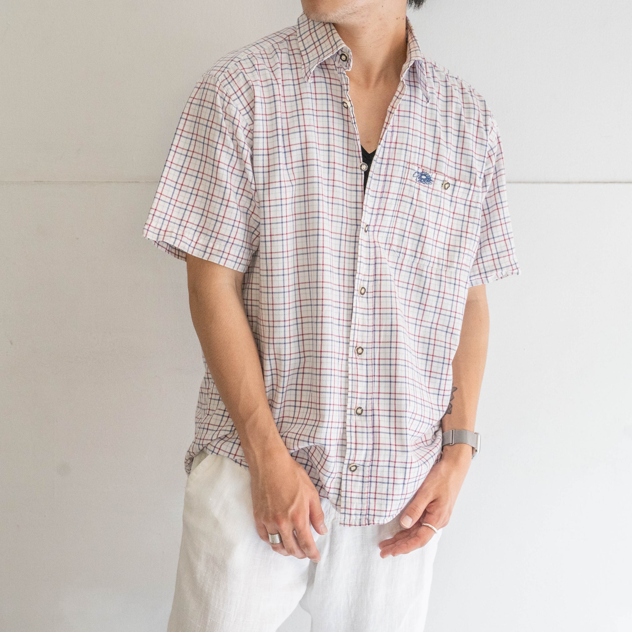 around 1980s white base red × blue checked tyrolean shirt 'remake'