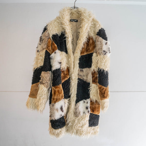 1990s white based patch work design fur coat