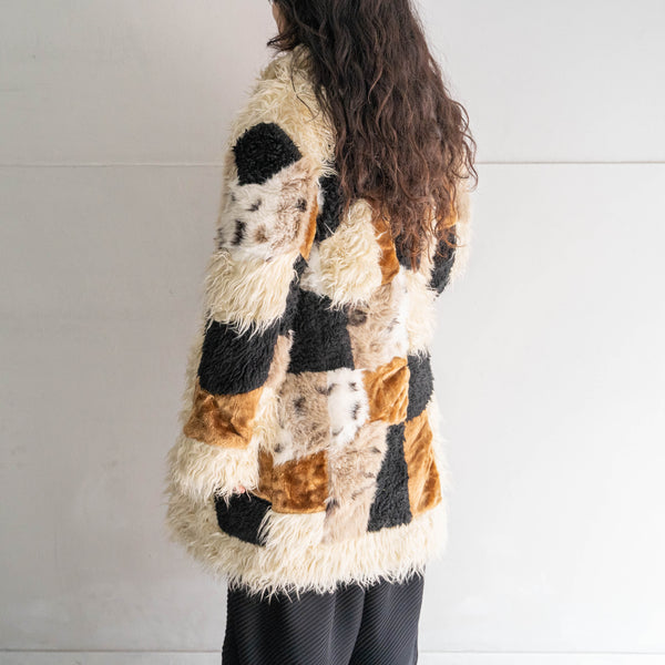 1990s white based patch work design fur coat