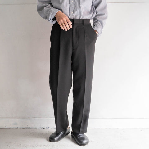 1990s Japan vintage black color wool × poly one tuck slacks -with side adjuster-