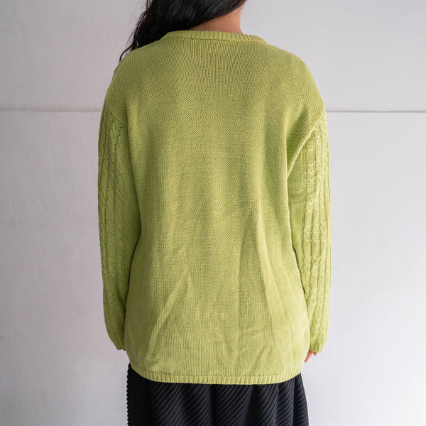 1990-00s yellow-green color cotton × viscose design knit