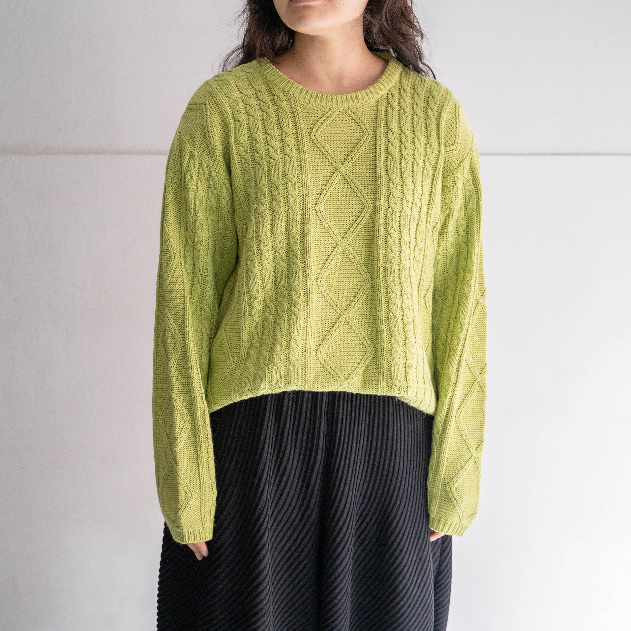 1990-00s yellow-green color cotton × viscose design knit