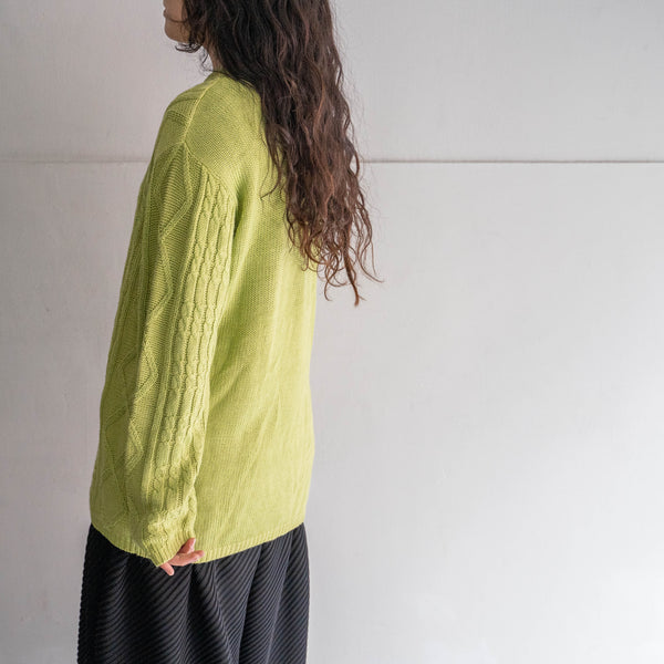 1990-00s yellow-green color cotton × viscose design knit