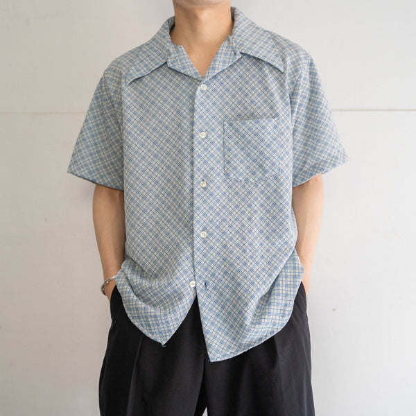 1970s USA white × blue checked s/s knit shirt