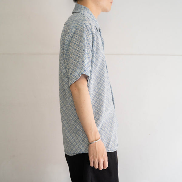 1970s USA white × blue checked s/s knit shirt