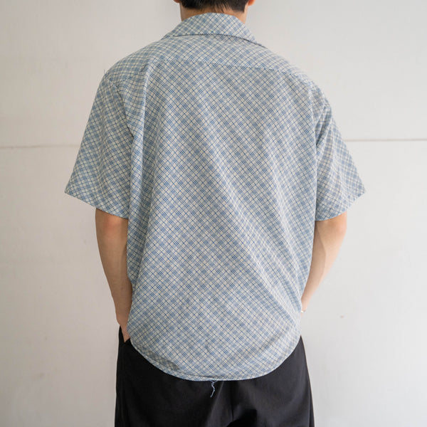 1970s USA white × blue checked s/s knit shirt