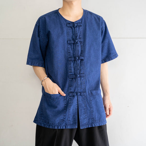 1990-00s blue china no collar s/s shirt