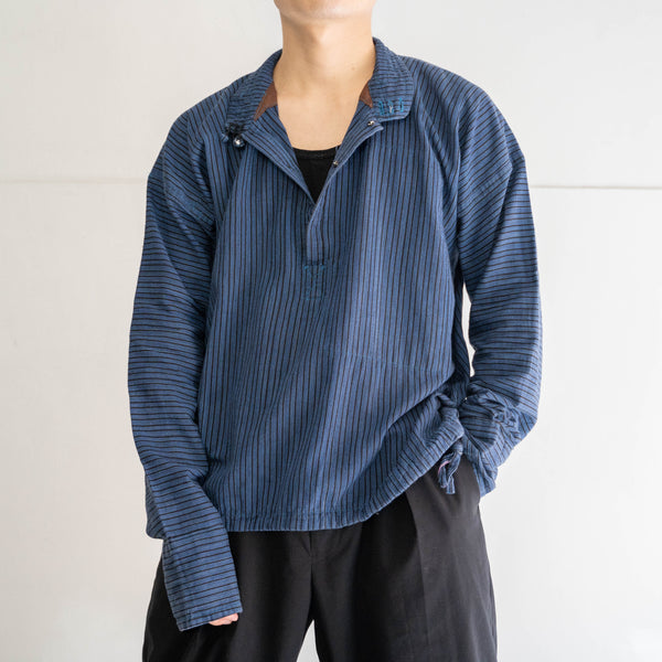 around 1980s blue stripe ethnic smock shirt