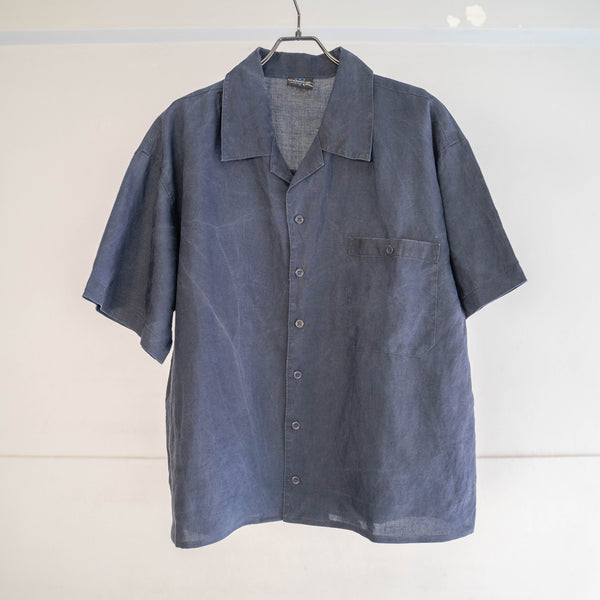 1990s dark navy linen 100 open collar short sleeve shirt -remake-