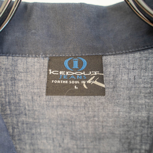 1990s dark navy linen 100 open collar short sleeve shirt -remake-