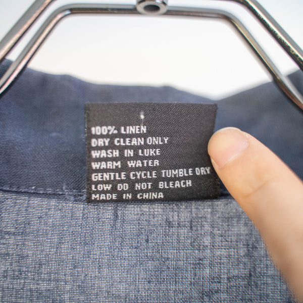 1990s dark navy linen 100 open collar short sleeve shirt -remake-