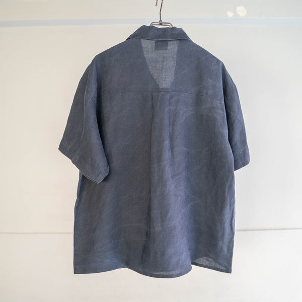 1990s dark navy linen 100 open collar short sleeve shirt -remake-