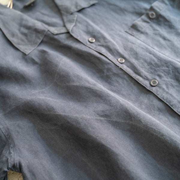 1990s dark navy linen 100 open collar short sleeve shirt -remake-