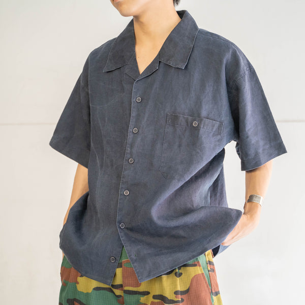 1990s dark navy linen 100 open collar short sleeve shirt -remake-