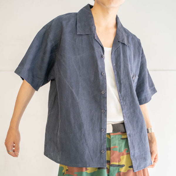 1990s dark navy linen 100 open collar short sleeve shirt -remake-