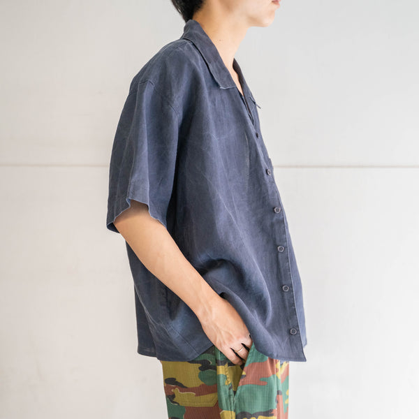 1990s dark navy linen 100 open collar short sleeve shirt -remake-