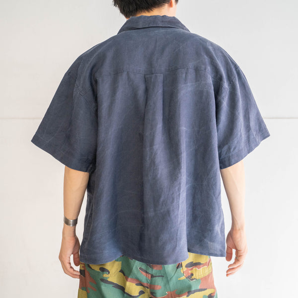 1990s dark navy linen 100 open collar short sleeve shirt -remake-