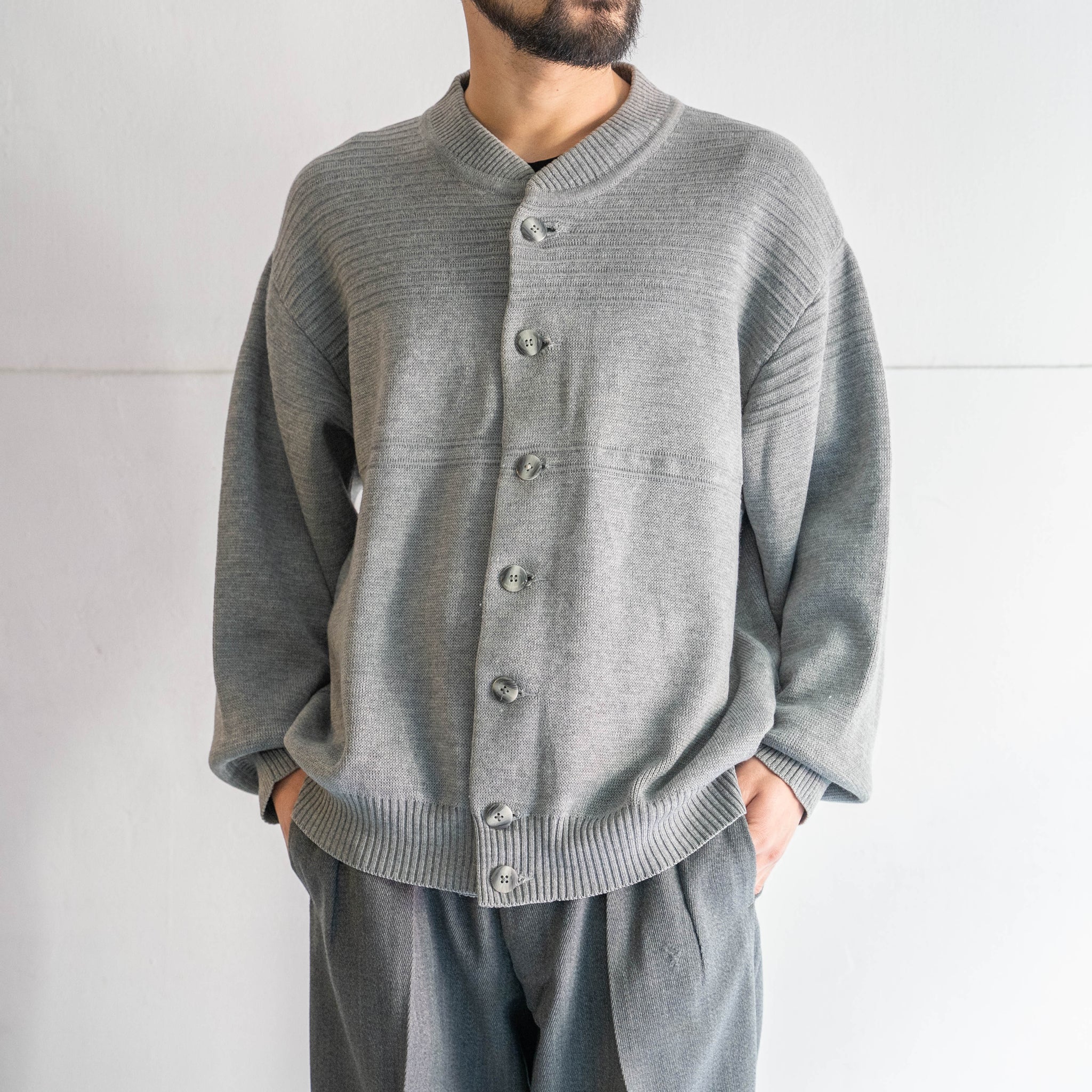 1980-90s Germany gray color poly × wool design knit cardigan