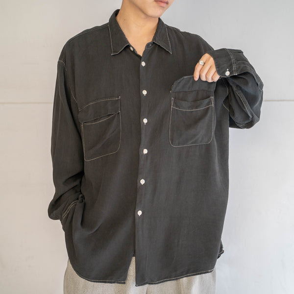 1990s 2 pockets silk 100 box shirt -black dyed-
