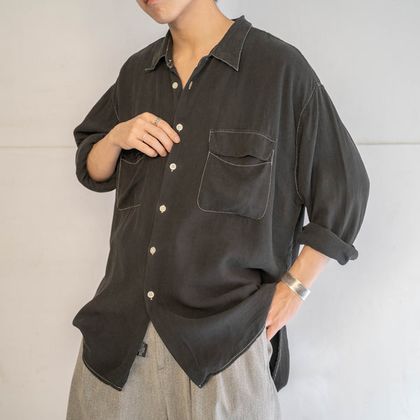 1990s 2 pockets silk 100 box shirt -black dyed-