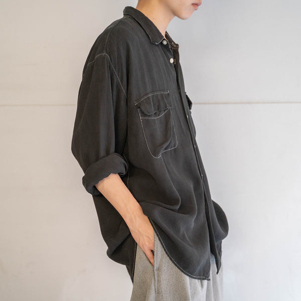 1990s 2 pockets silk 100 box shirt -black dyed-