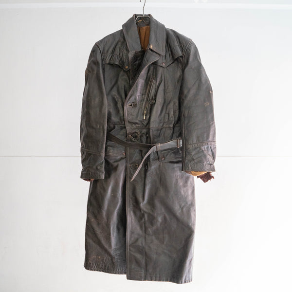 around 1950s French dark brown color motor cycle leather long coat