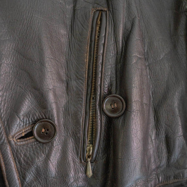 around 1950s French dark brown color motor cycle leather long coat