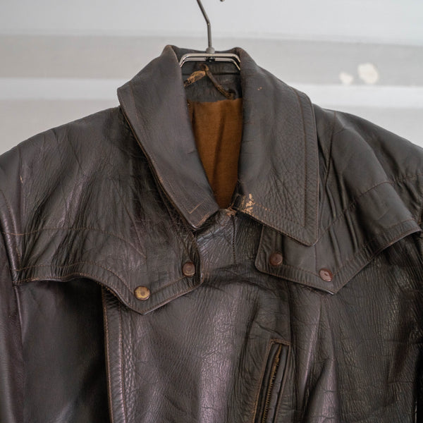 around 1950s French dark brown color motor cycle leather long coat