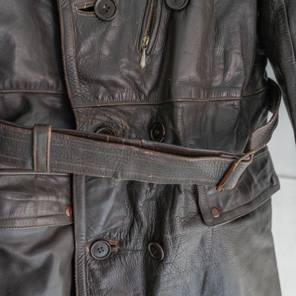 around 1950s French dark brown color motor cycle leather long coat