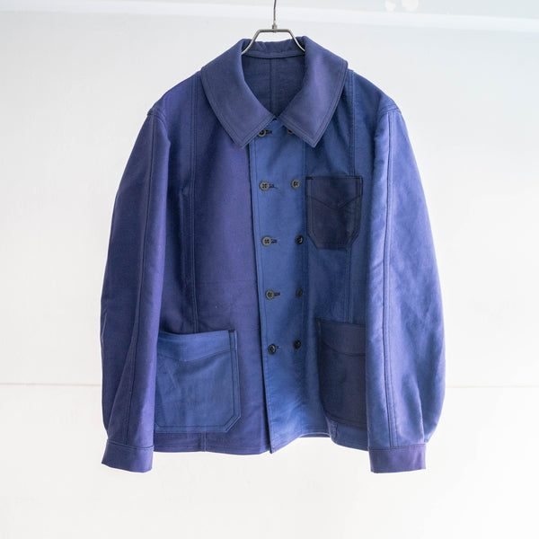 "French vintage remake" blue moleskin double breasted work jacket