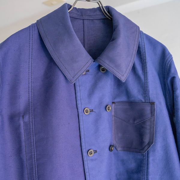 "French vintage remake" blue moleskin double breasted work jacket