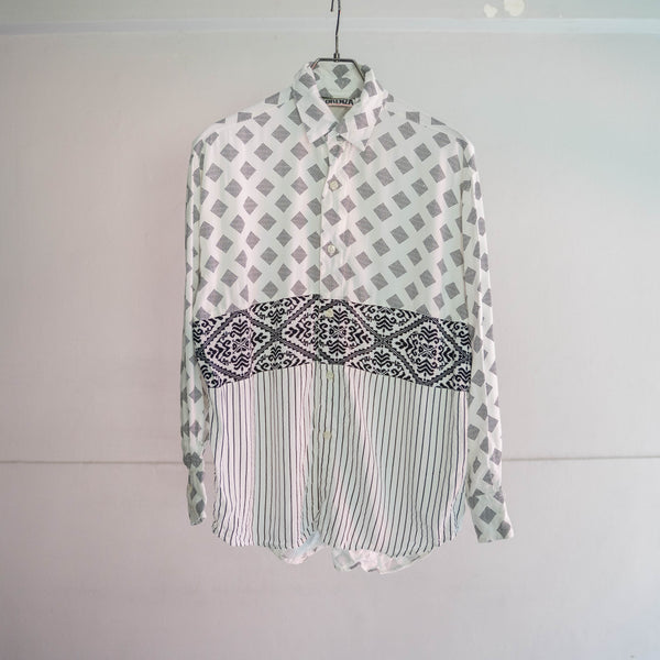 1990s white based switching design l/s shirt