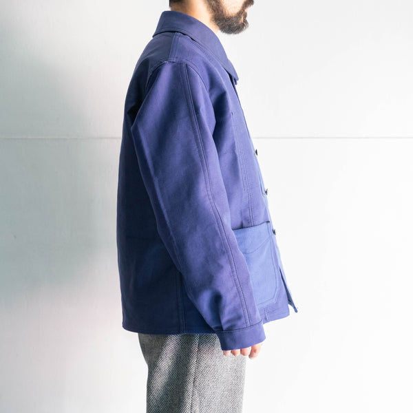 "French vintage remake" blue moleskin double breasted work jacket