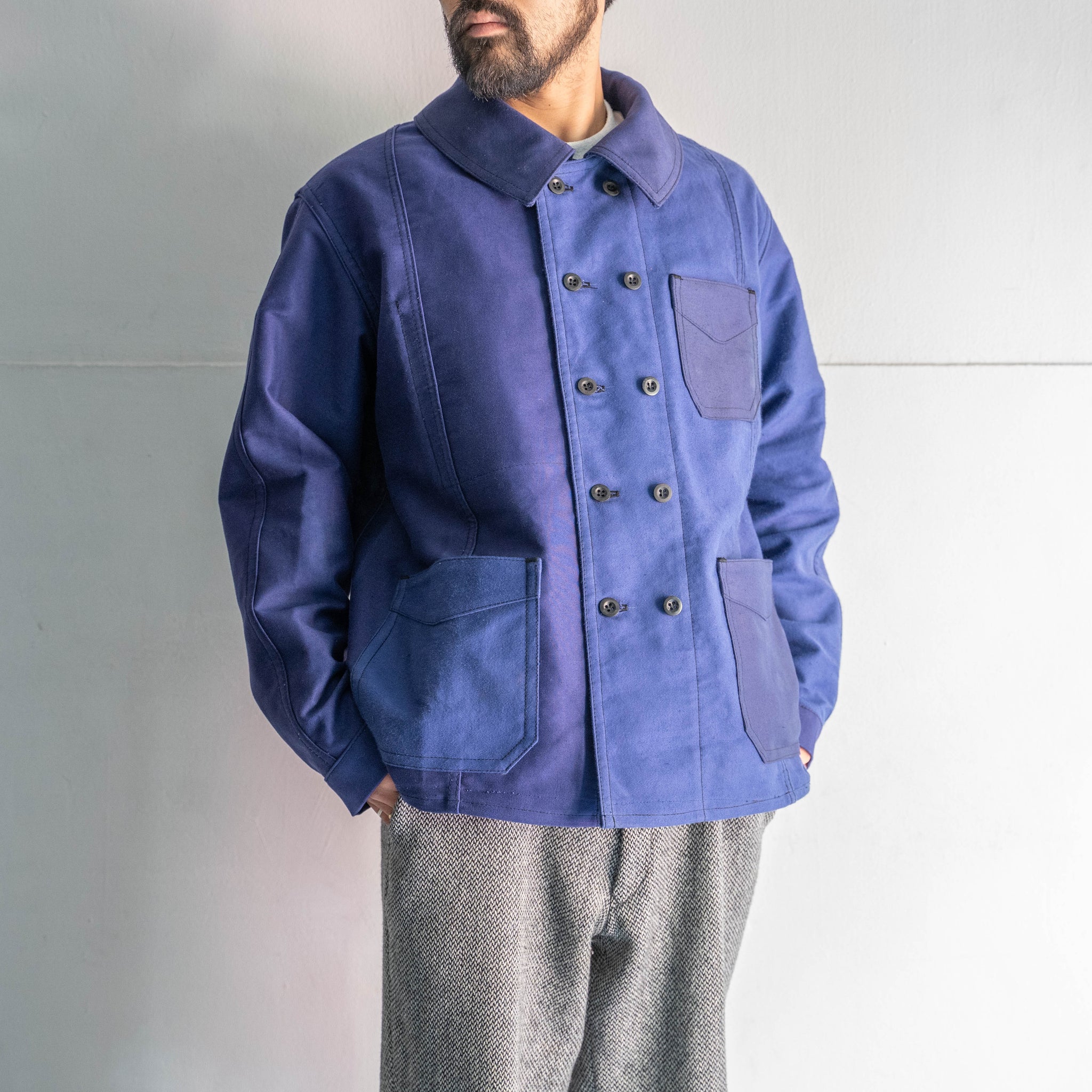 "French vintage remake" blue moleskin double breasted work jacket