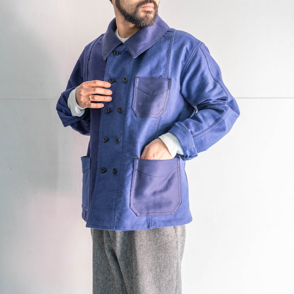 "French vintage remake" blue moleskin double breasted work jacket