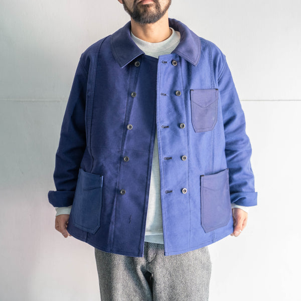 "French vintage remake" blue moleskin double breasted work jacket