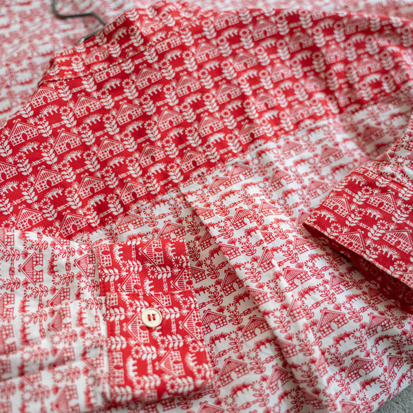 1990s red based all over pattern smock shirt