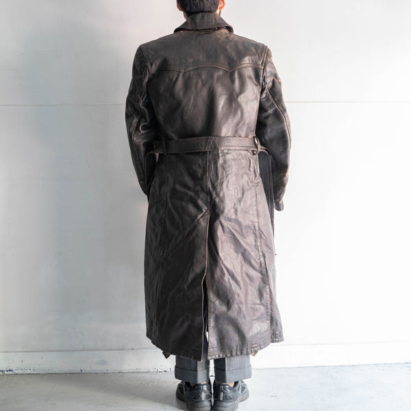 around 1950s French dark brown color motor cycle leather long coat