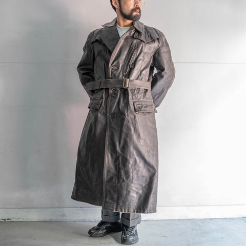 around 1950s French dark brown color motor cycle leather long coat