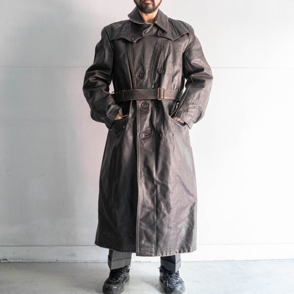 around 1950s French dark brown color motor cycle leather long coat