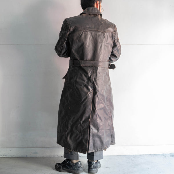 around 1950s French dark brown color motor cycle leather long coat