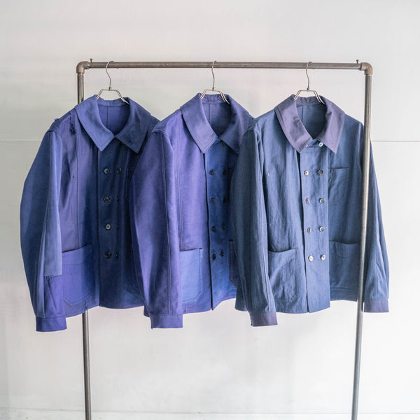 "French vintage remake" blue moleskin double breasted work jacket